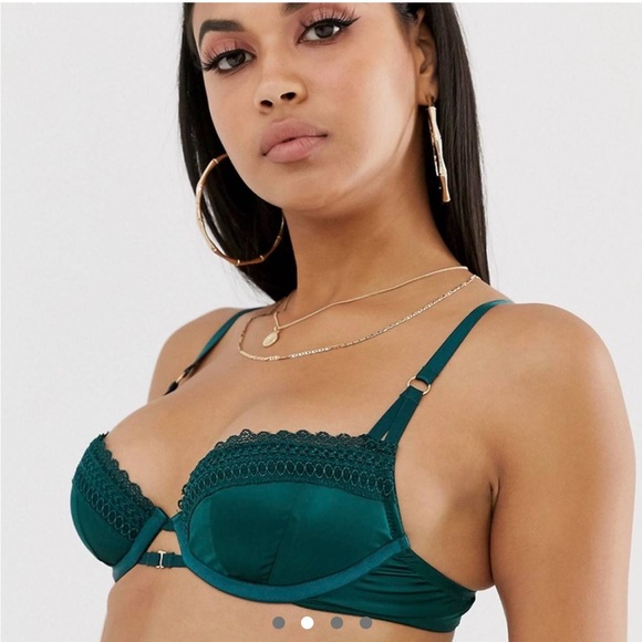 NWOT ASOS Clio emerald green underwire padded bra with satin & lace trim US 32C - Picture 2 of 4